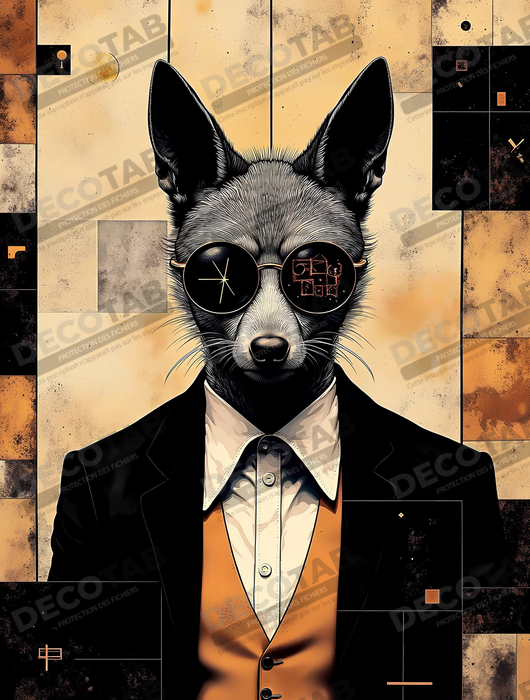 Tableau loup hypnotique - Animal anthropomorphe loufoque sur fond abstrait