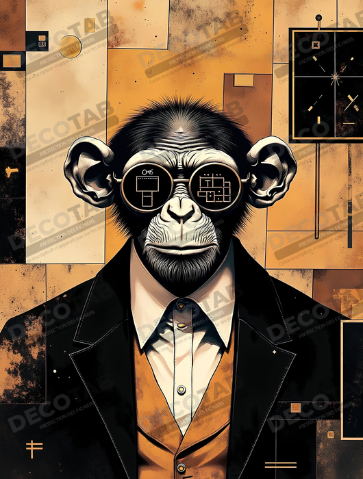 Tableau chimpanzé hypnotique - Animal anthropomorphe sur fond abstrait