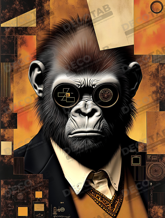 Tableau gorille hypnotique - Animal anthropomorphe sur fond abstrait