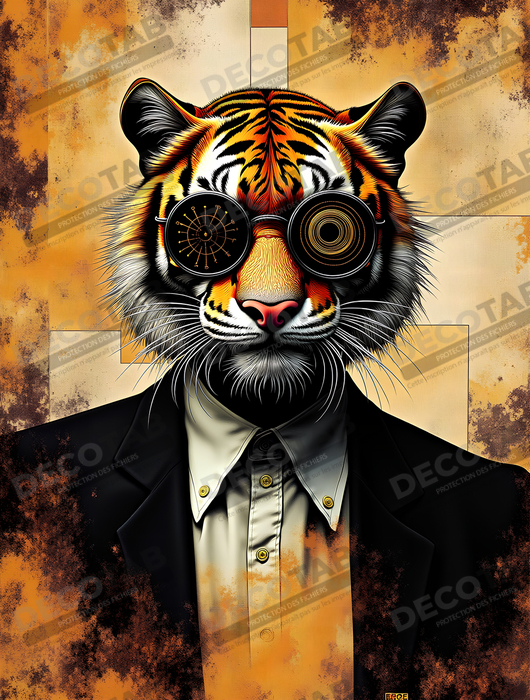 Tableau lion hypnotique - Animal anthropomorphe sur fond abstrait