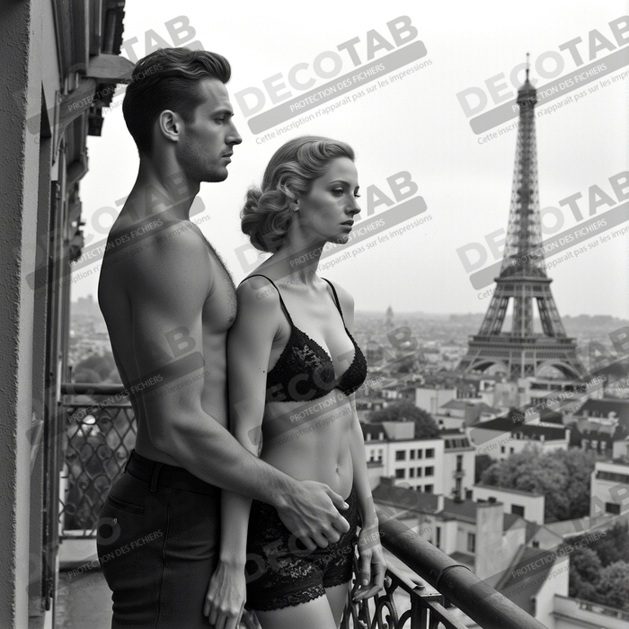 Tableau noir et blanc couple à Paris