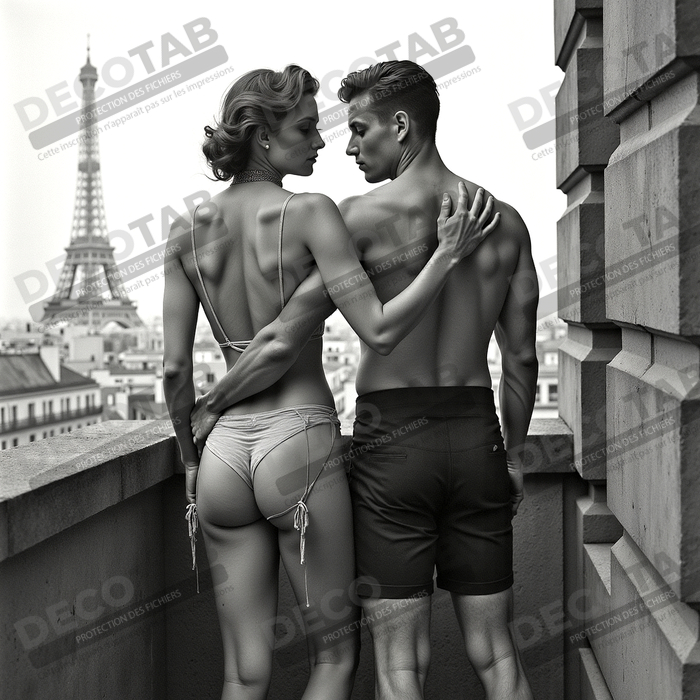 Tableau noir et blanc couple à Paris