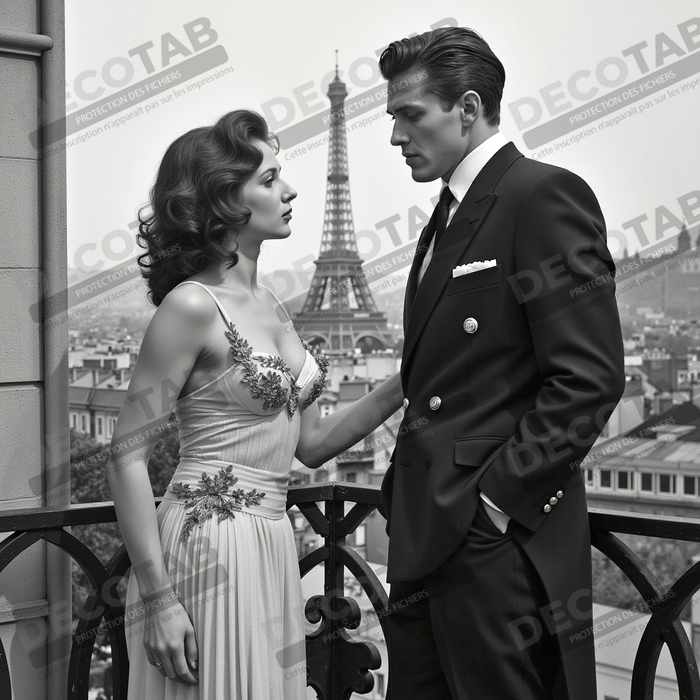 Tableau noir et blanc couple à Paris