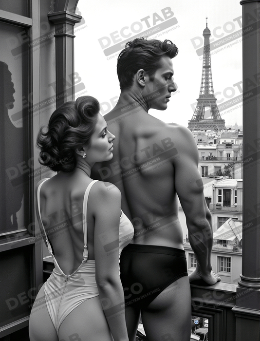 Tableau noir et blanc couple à Paris
