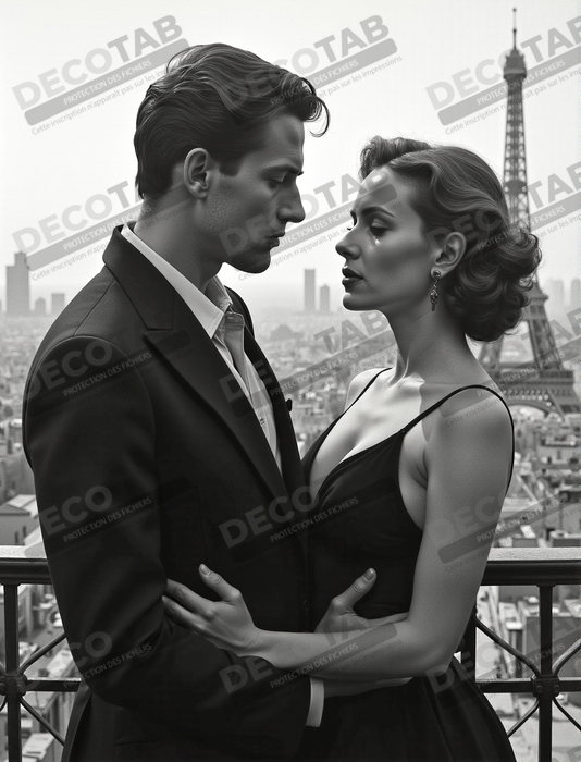 Tableau noir et blanc couple à Paris