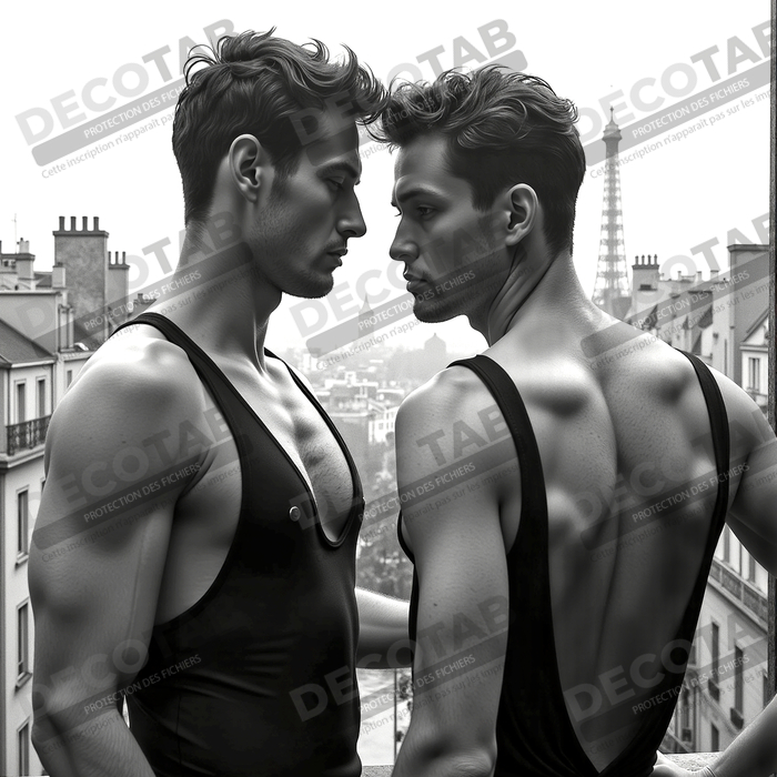 Couple masculin au balcon – tableau noir et blanc chic
