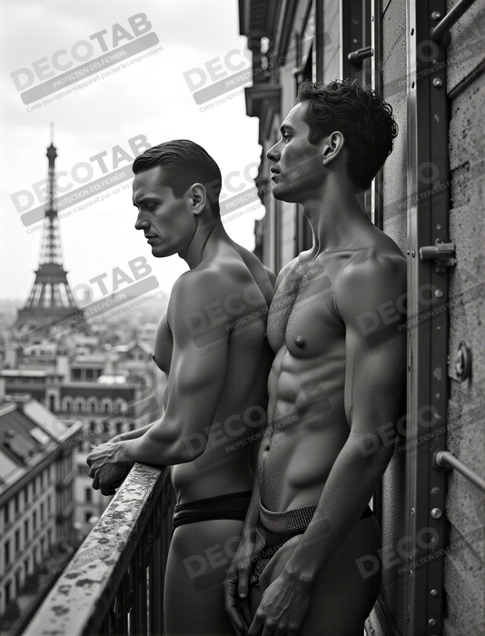 Couple masculin au balcon – tableau noir et blanc chic