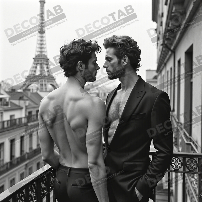 Couple masculin au balcon – tableau noir et blanc chic