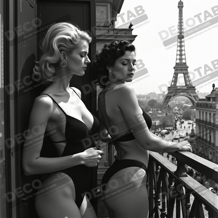 Tableau couple femmes chic Paris noir et blanc