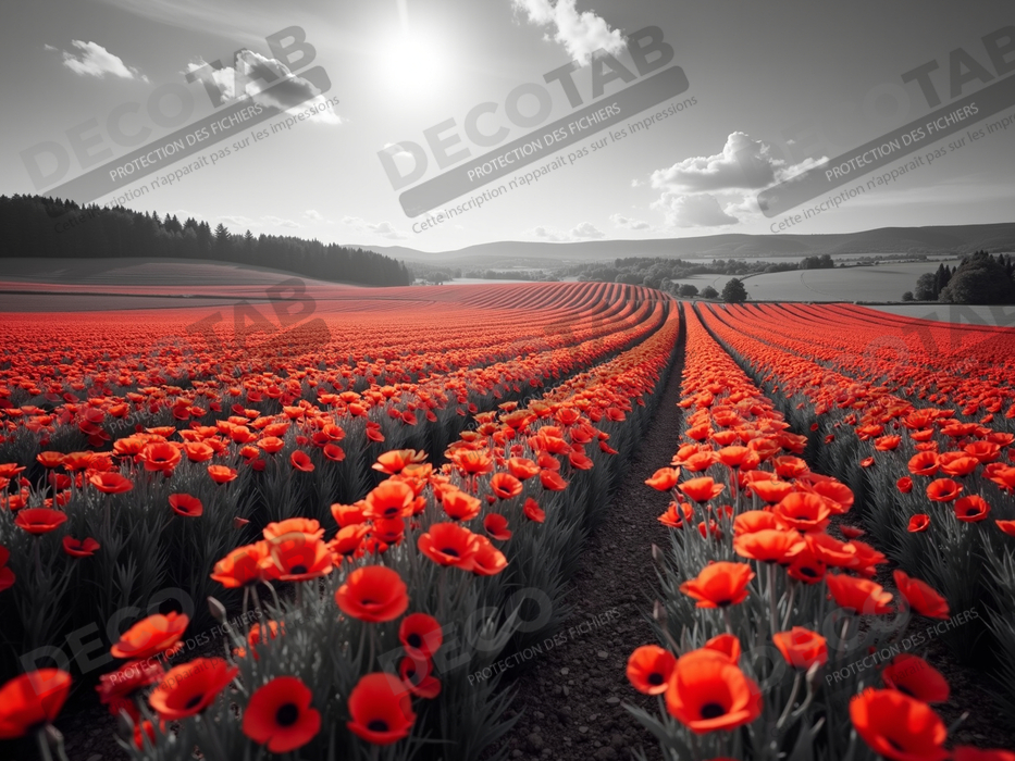 Tableau coquelicots rouges sur fond noir et blanc