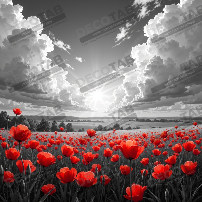 Tableau coquelicots rouges sur fond noir et blanc