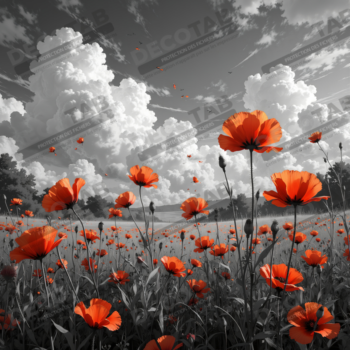 Tableau coquelicots rouges sur fond noir et blanc