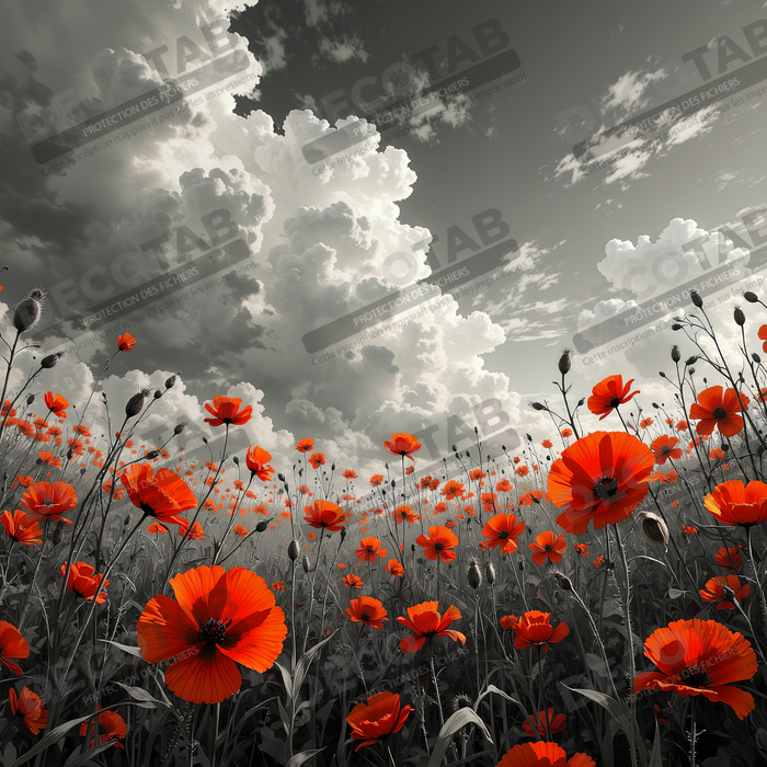 Tableau coquelicots rouges sur fond noir et blanc