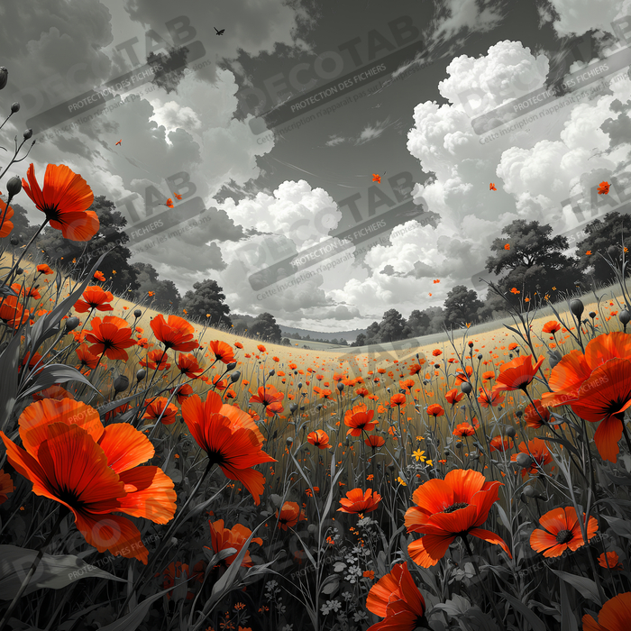 Tableau coquelicots rouges sur fond noir et blanc