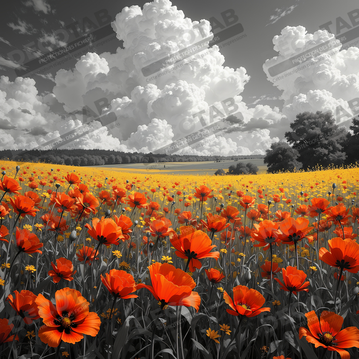 Tableau coquelicots rouges sur fond noir et blanc