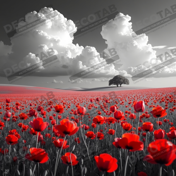 Tableau coquelicots rouges sur fond noir et blanc