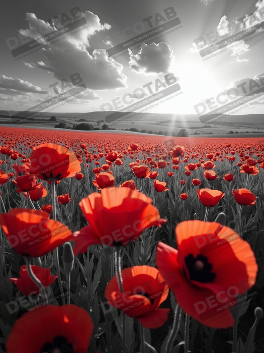 Tableau coquelicots rouges sur fond noir et blanc