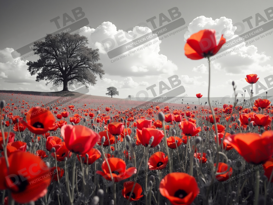 Tableau coquelicots rouges sur fond noir et blanc