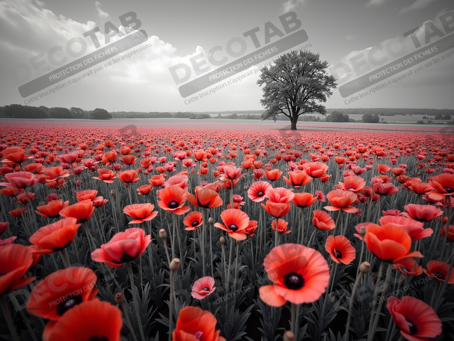 Tableau coquelicots rouges sur fond noir et blanc