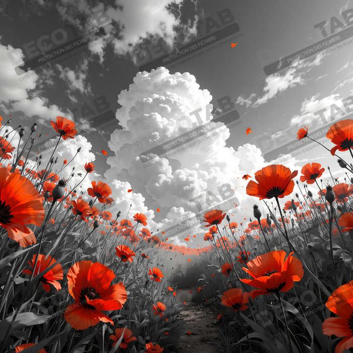 Tableau coquelicots rouges sur fond noir et blanc
