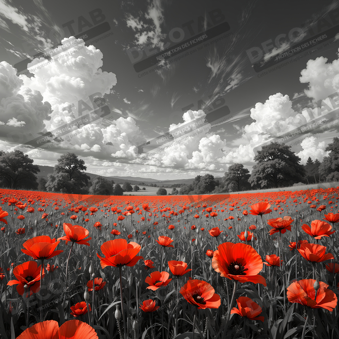 Tableau coquelicots rouges sur fond noir et blanc
