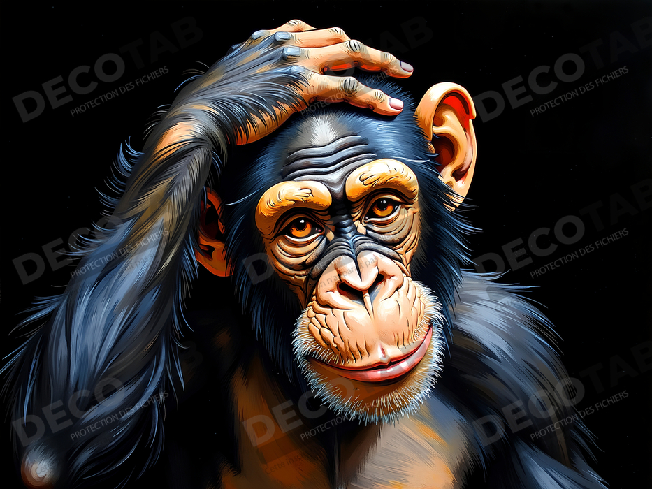 Tableau chimpanzé pensif sur fond noir