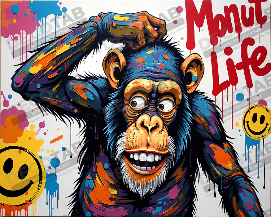 Tableau chimpanzé pensif éclats de peinture colorés