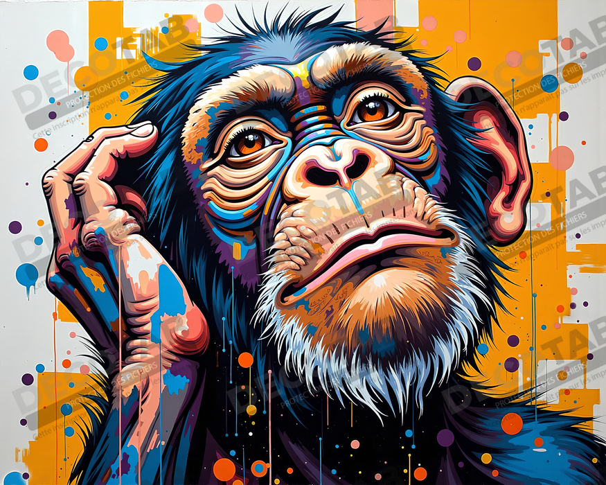 Tableau chimpanzé pensif éclats de peinture colorés