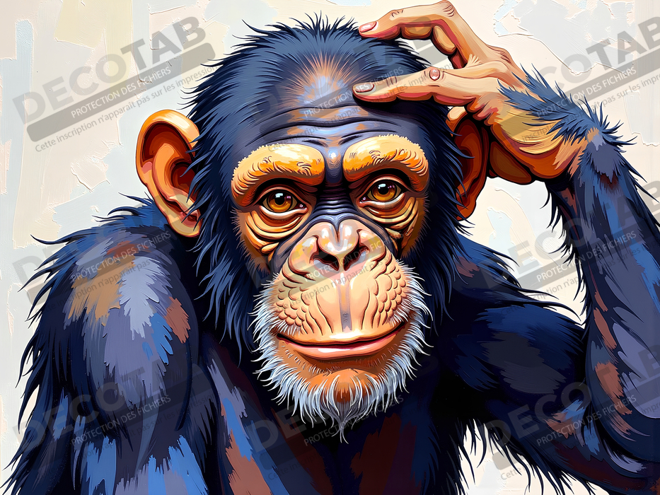 Tableau peinture chimpanzé pensif sur fond clair