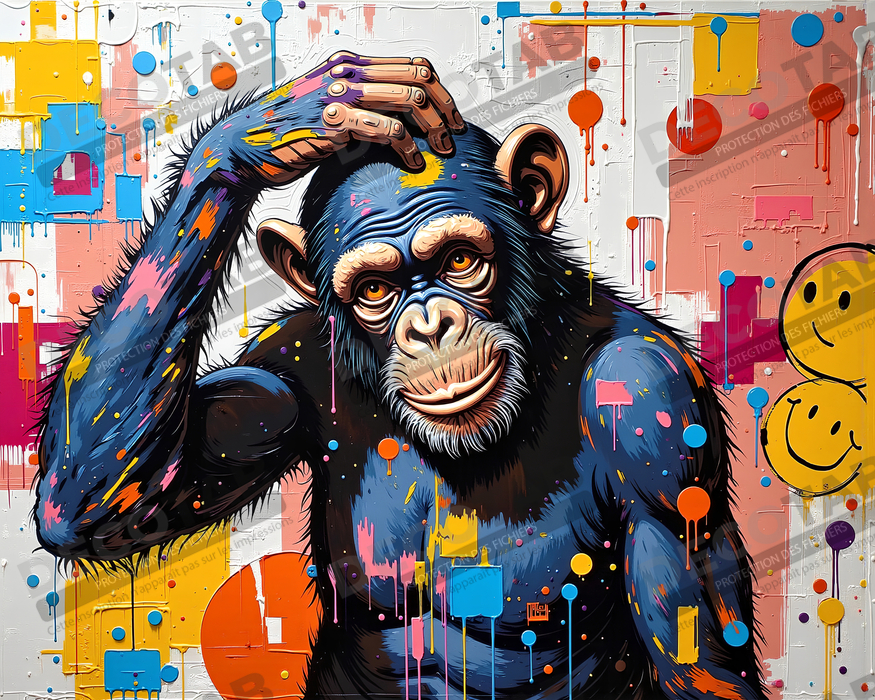 Tableau chimpanzé pensif éclats de peinture colorés
