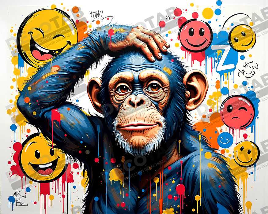 Tableau chimpanzé pensif éclats de peinture colorés