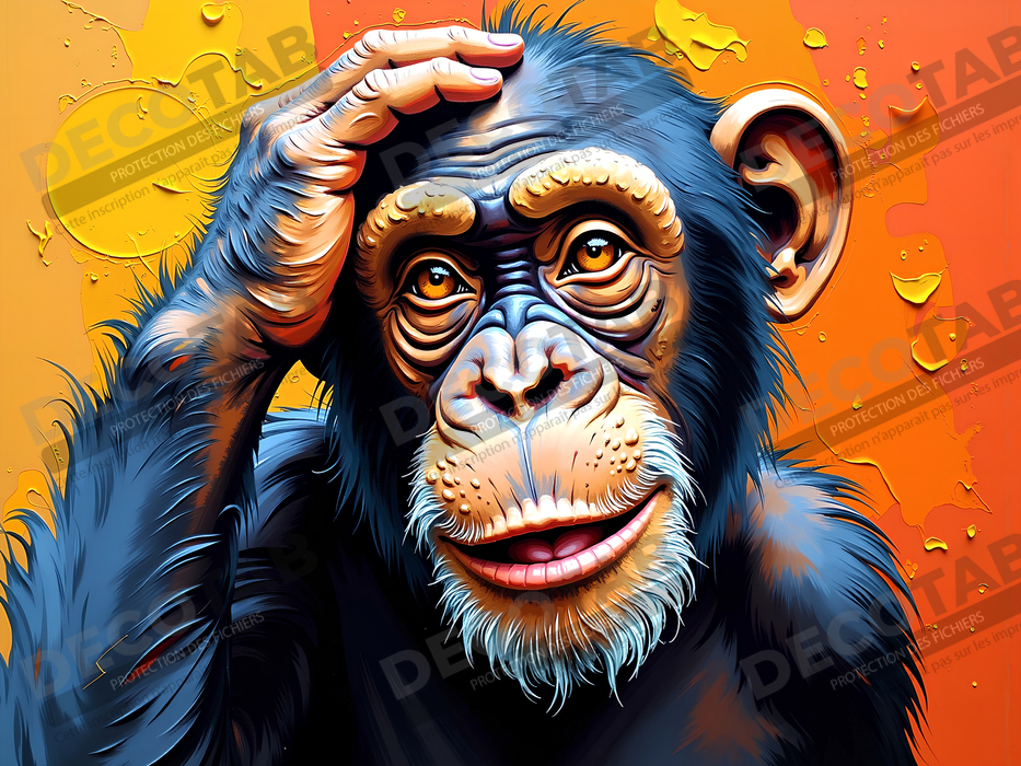 Tableau chimpanzé pensif fond texturé jaune-orangée