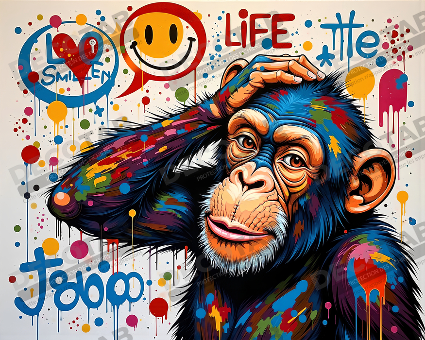 Tableau chimpanzé pensif éclats de peinture colorés
