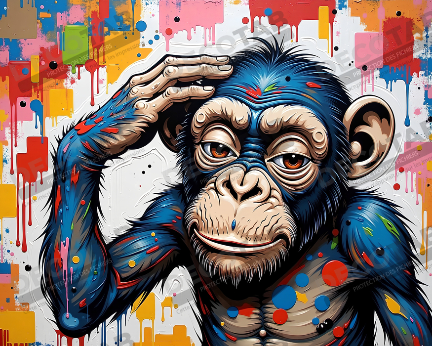 Tableau chimpanzé pensif éclats de peinture colorés
