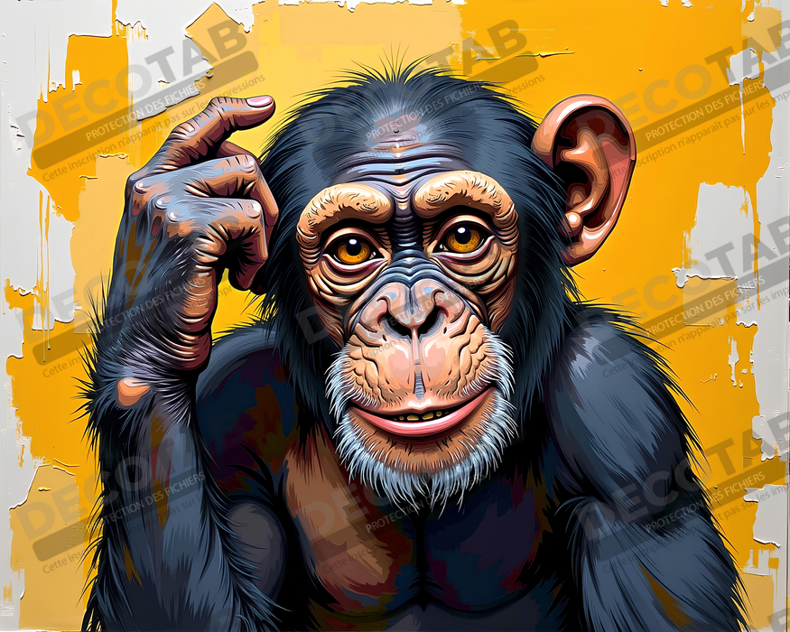 Tableau chimpanzé pensif fond texturé jaune-orangée
