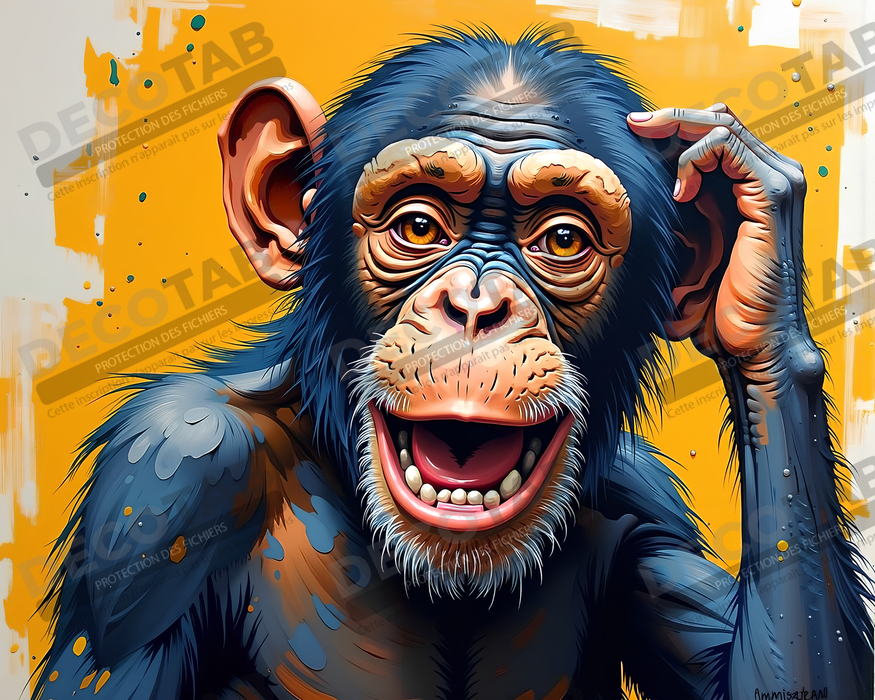 Tableau chimpanzé pensif fond texturé jaune-orangée
