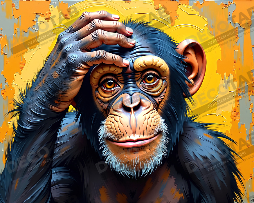 Tableau chimpanzé pensif fond texturé jaune-orangée