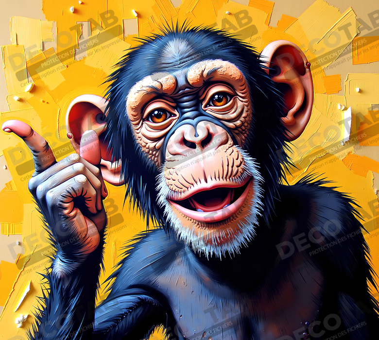 Tableau chimpanzé pensif fond texturé jaune-orangée