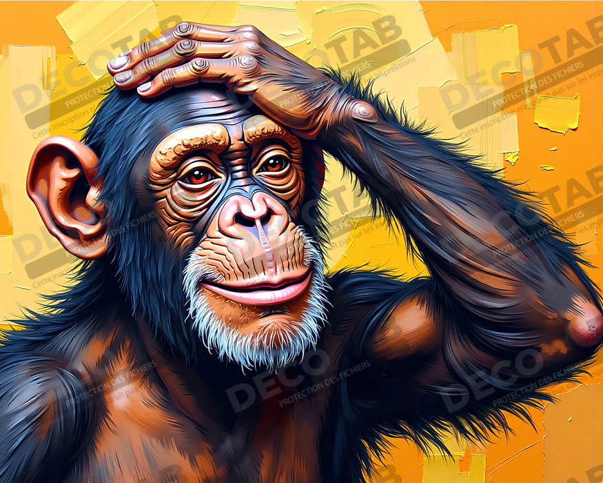Tableau chimpanzé pensif fond texturé jaune-orangée