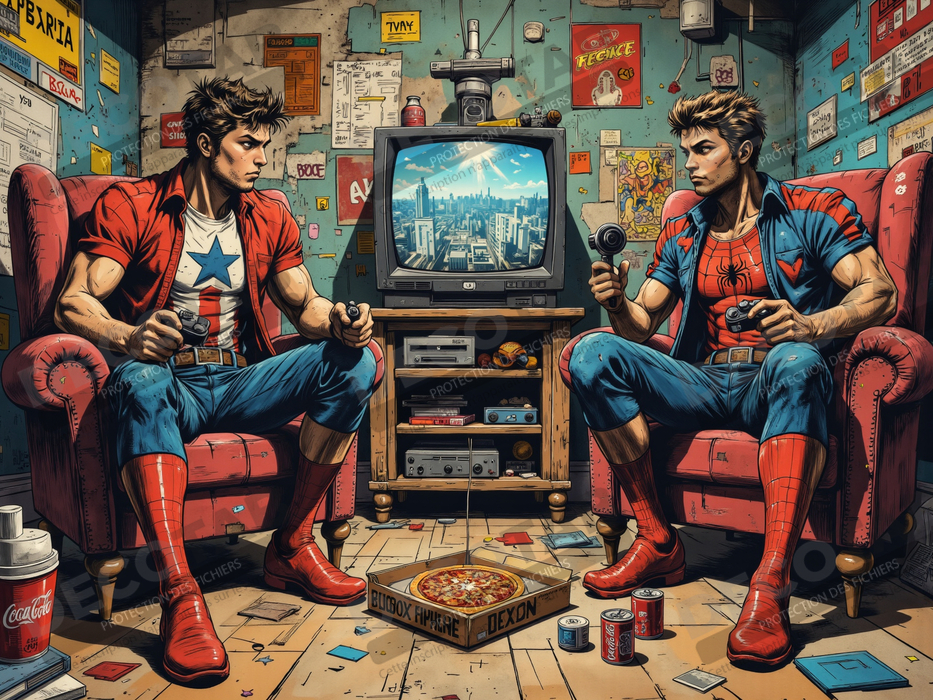 Tableau gamers super-héros ambiance geek street art