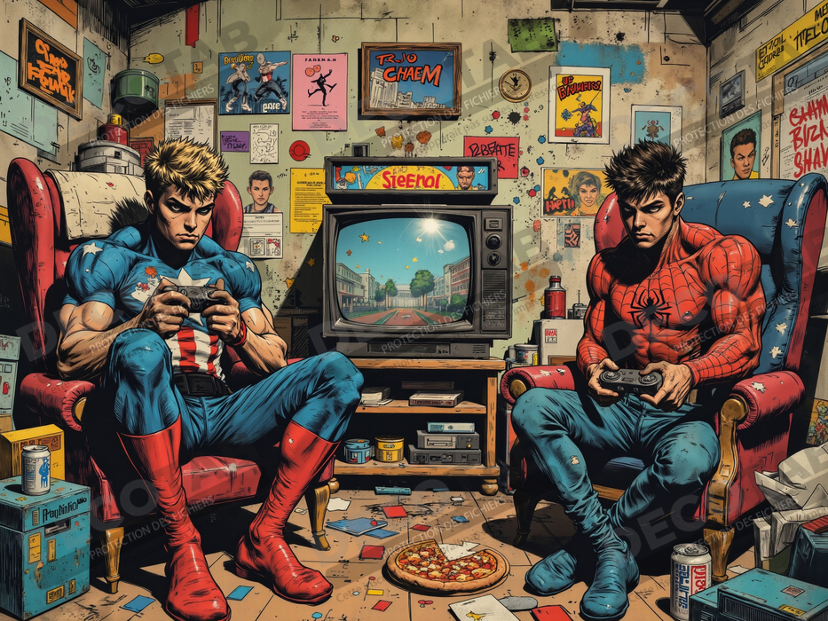 Tableau gamers super-héros ambiance geek street art
