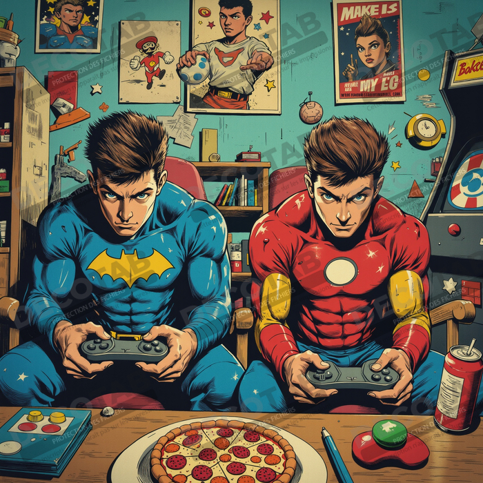 Tableau gamers super-héros ambiance geek street art
