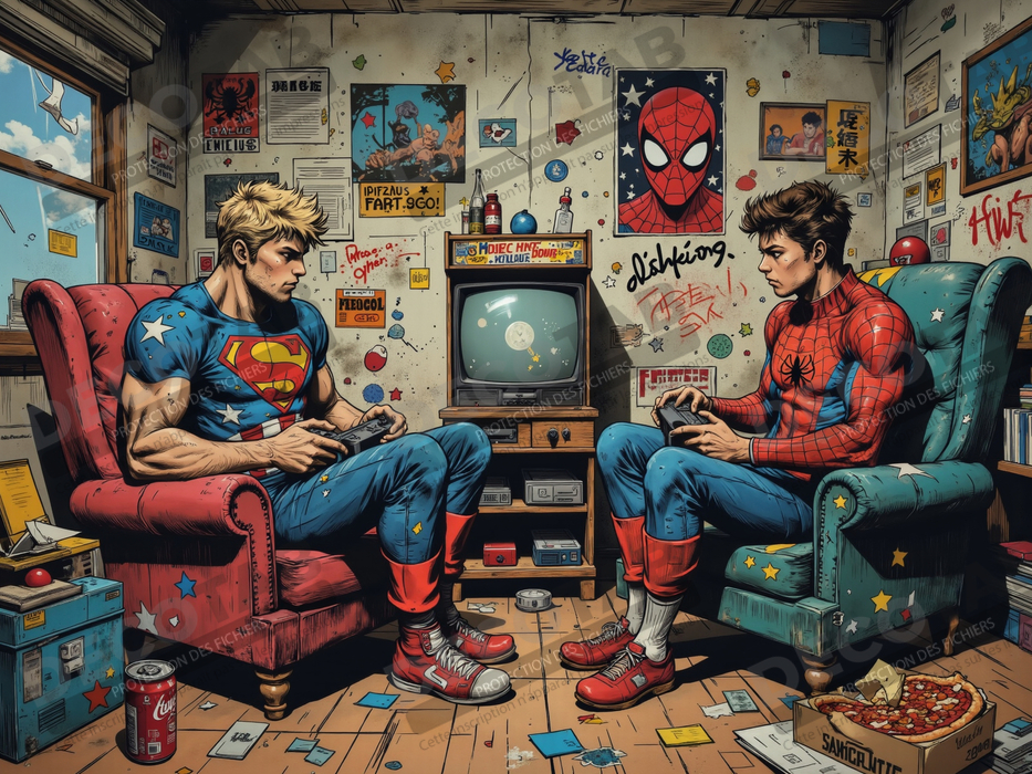 Tableau gamers super-héros ambiance geek street art