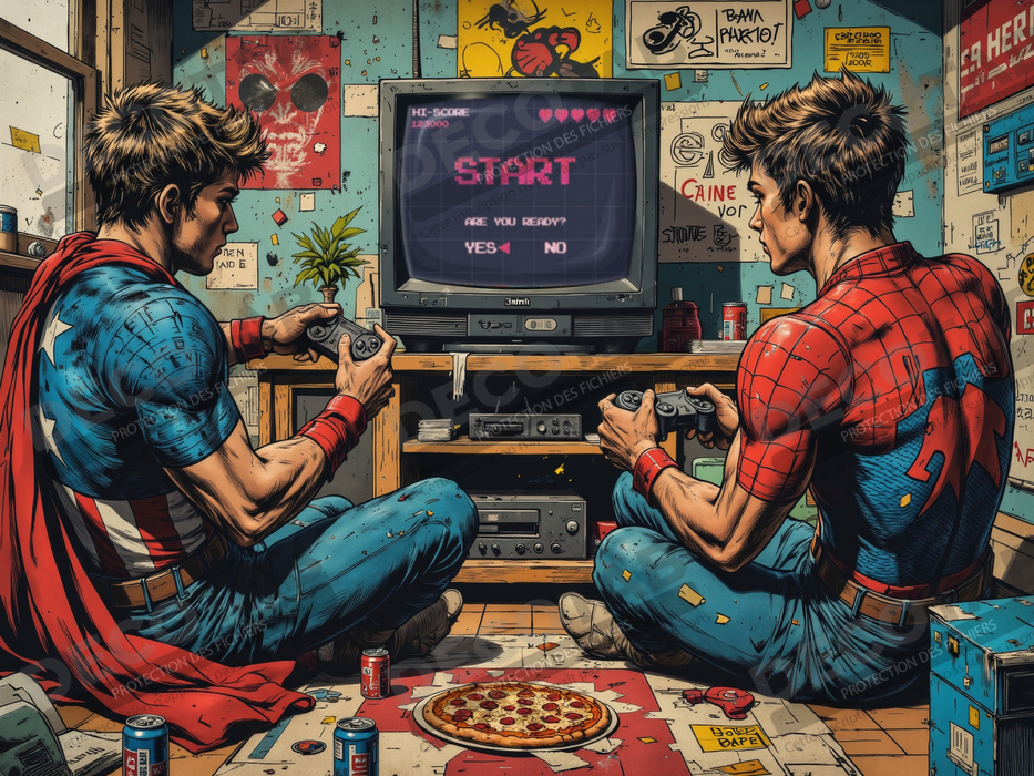 Tableau gamers super-héros ambiance geek street art