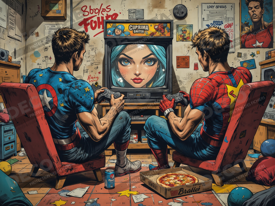 Tableau gamers super-héros ambiance geek street art