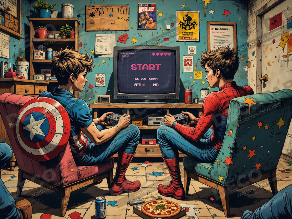 Tableau gamers super-héros ambiance geek street art