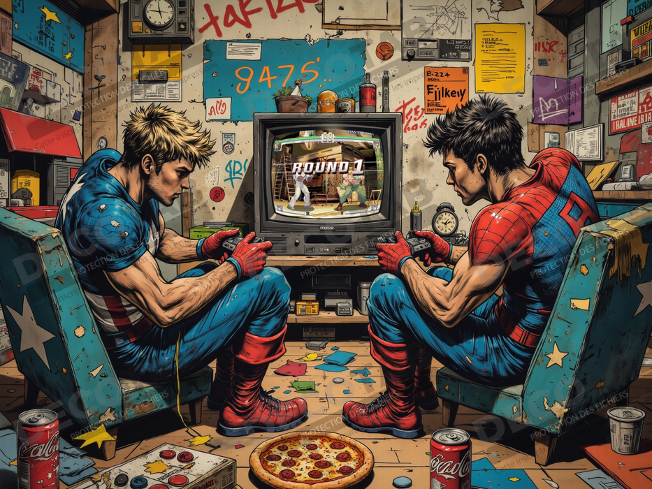 Tableau gamers super-héros ambiance geek street art