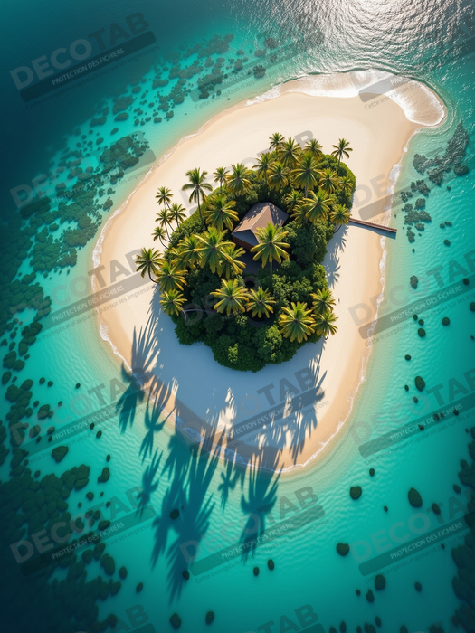 Tableau paysage aérien île déserte paradisiaque