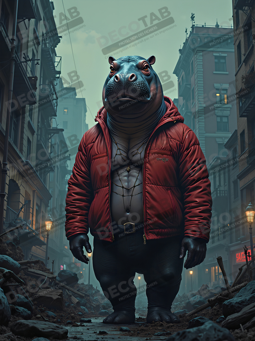 Tableau hippopotame super-héros | Décoration style hurbain et SF