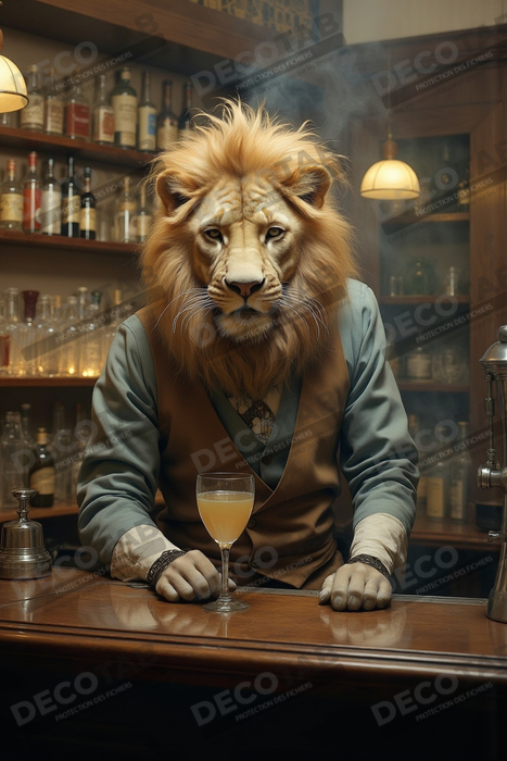Tableau lion serveur vintage - Animal anthropomorphe chic dans un bar rétro